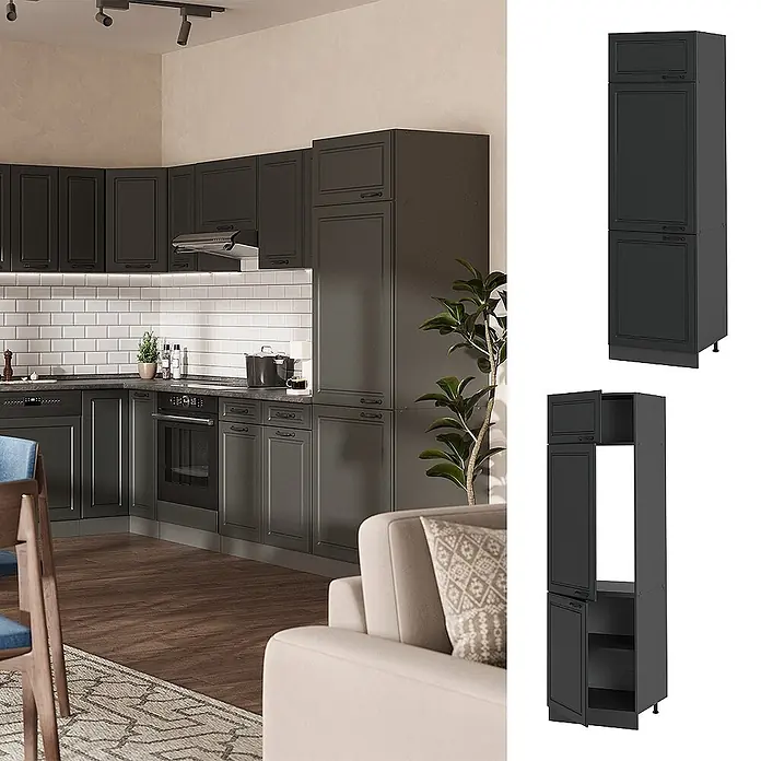 Vicco Kühlumbauschrank R-Line, Anthrazit Landhaus, 60 cm -  - Dunkelgrauer hoher Küchenschrank mit mehreren Fächern, in moderner Küche installiert und als Einzelstücke dargestellt.