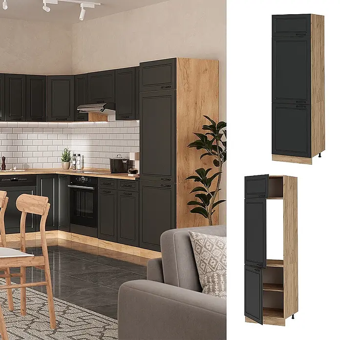 Vicco Schrankküche R-Line Anthrazit Landhaus - Breite: 60 cm, Anthrazit Landhaus, Kühlumbauschrank 60 cm - Hoher Küchenschrank mit dunkelgrauen Fronten und hellen Holzdetails, für Stauraum oder Einbaugeräte.