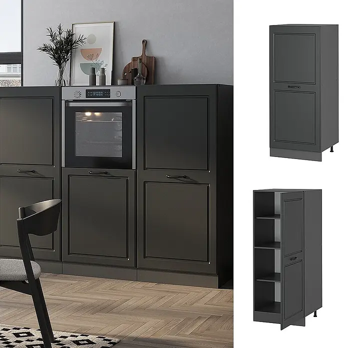 Vicco Schrankküche R-Line Anthrazit Landhaus - Breite: 60 cm, Anthrazit Landhaus, Vorratsschrank 60 cm - Dunkelgraue Küchenschränke mit vertieften Paneelen und integriertem Backofen in einer Küche.