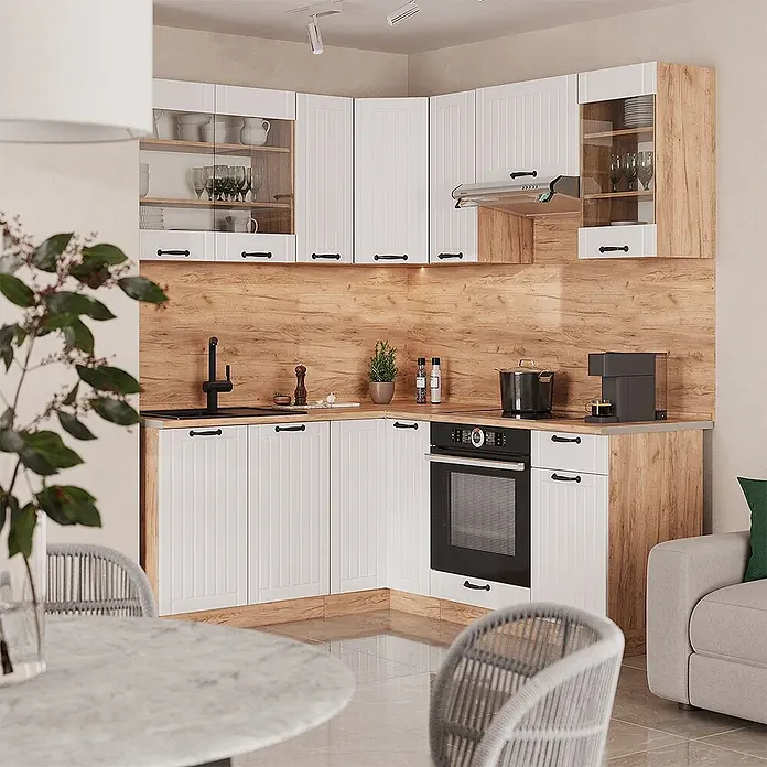 Vicco Eckküche Fame-Line, Weiß Landhaus/Goldkraft Eiche, 190 x 160 cm -  - Weiße Eckküche in Holzoptik mit schwarzen Griffen, Spüle und integriertem Backofen für ein modernes Zuhause.