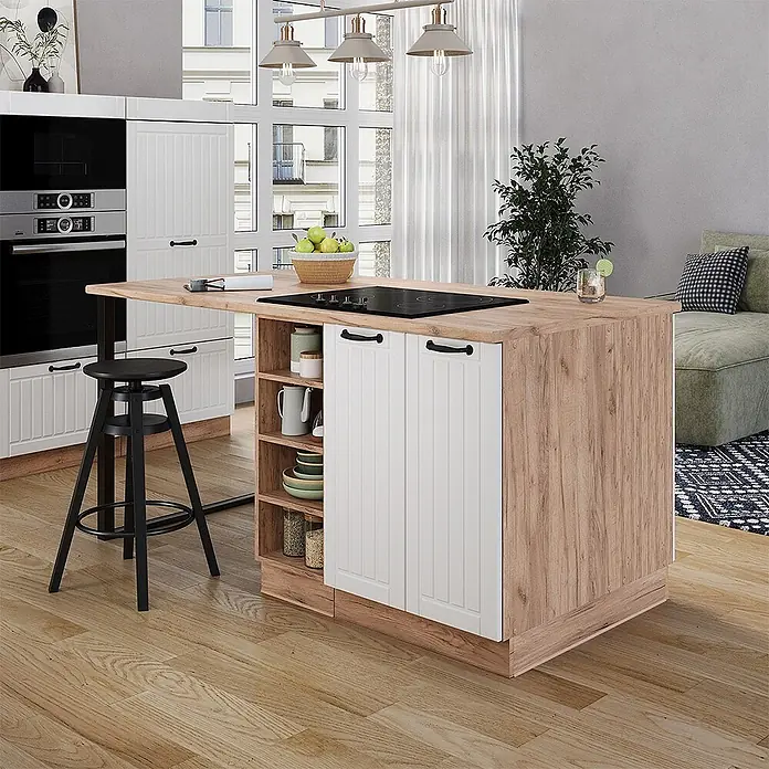 Vicco Kücheninsel Fame-Line, Weiß Landhaus, 90 cm -  - Moderne Kücheninsel aus hellem Holz mit weißen Lamellentüren, offenen Regalen, integriertem Kochfeld und Frühstückstheke.