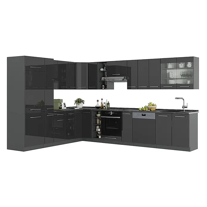 Vicco Eckküche Fame-Line, Anthrazit Hochglanz/Anthrazit, 347 x 257 cm -  - L-förmige Küchenzeile in dunkelgrauem Hochglanz, mit integriertem Backofen, Geschirrspüler, Spüle und diversen Schränken.