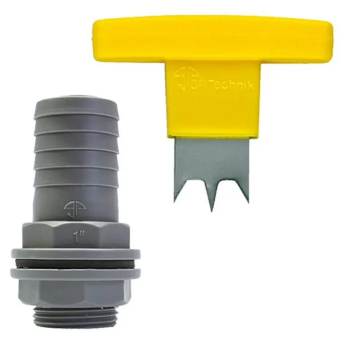 Arves Schlauchtülle - Schlauchdurchmesser: 32 mm, Größe Anschluss: 1″ - Produktabbildung: Grauer Schlauchanschluss und ein gelbes Werkzeug mit Klingen zum Durchstechen, geeignet für die Installation von Bewässerungssystemen.