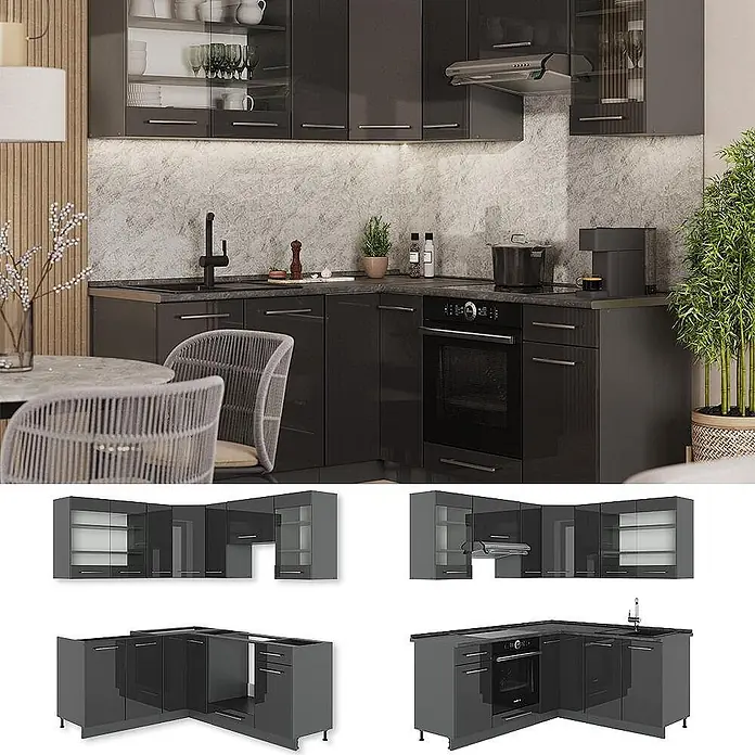 Vicco Eckküche Fame-Line, Anthrazit Hochglanz/Anthrazit, 190 x 160 cm -  - Dunkelgraue glänzende L-förmige Küchenschränke mit Spüle und Backofen, in einer modernen Küche dargestellt.