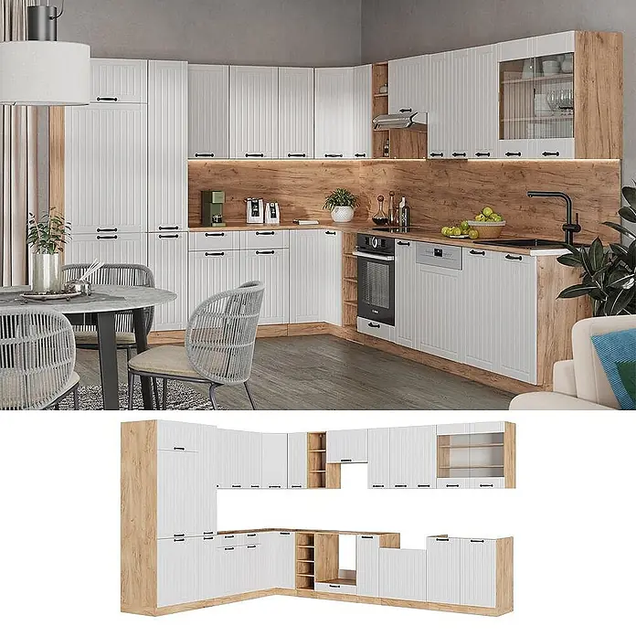 Vicco Eckküche Fame-Line, Weiß Landhaus/Goldkraft Eiche, 347 x 257 cm -  - L-förmige modulare Küchenzeile mit weißen gerippten Schranktüren und hellen Holzakzenten, in modernem Interieur und als Einzelteile dargestellt.