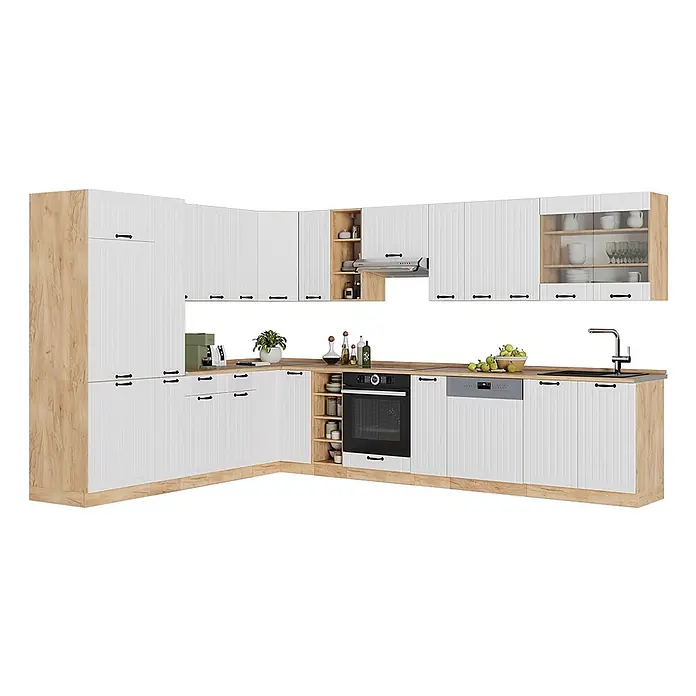 Vicco Eckküche Fame-Line, Weiß Landhaus/Goldkraft Eiche, 347 x 257 cm -  - L-förmige Küche mit weißen Lamellentüren und hellen Holzimitat-Rahmen und Arbeitsplatten, inkl. integriertem Ofen, Geschirrspüler und Spüle.