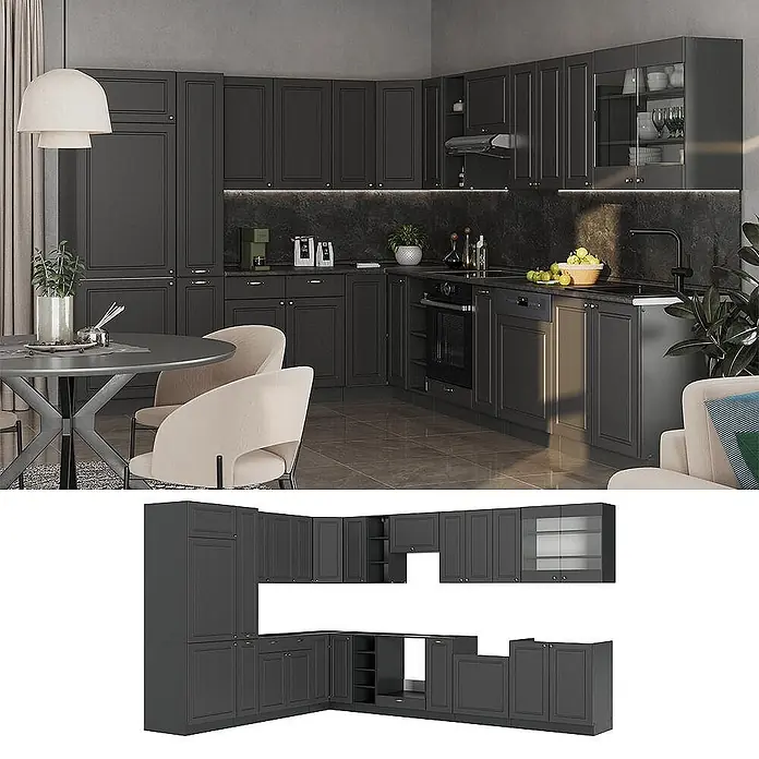 Vicco Eckküche Fame-Line, Anthrazit-Gold Landhaus/Anthrazit, 347 x 257 cm -  - Dunkelgraue L-förmige Küchenschränke mit Kassettentüren und goldener Hardware, bestehend aus Ober- und Unterschränken, teils mit Glaseinsätzen, in einer modernen Küche.