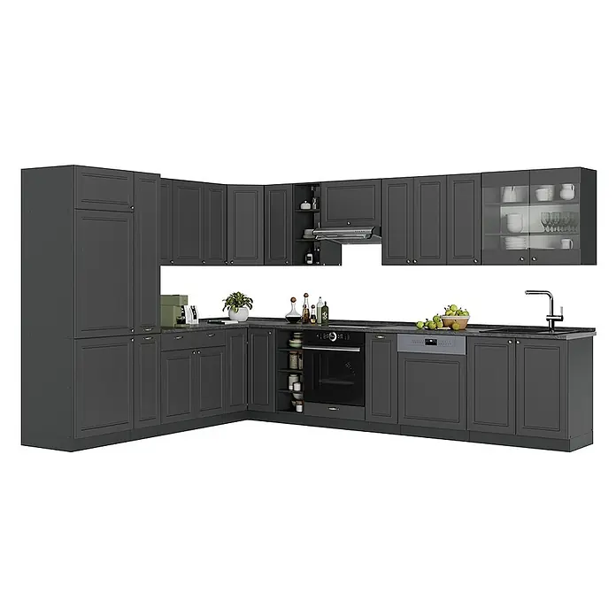 Vicco Eckküche Fame-Line, Anthrazit-Gold Landhaus/Anthrazit, 347 x 257 cm -  - L-förmige dunkelgraue Küchenschränke mit klassischen Paneeltüren, goldenen Griffen, integriertem Backofen, Spüle und Geschirrspüler.