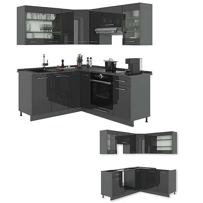 Vicco Eckküche Fame-Line, Anthrazit Hochglanz/Anthrazit, 190 x 160 cm -  - Dunkelgraue Hochglanz-Eckküche mit integriertem Ofen, Kochfeld und Spüle, sowie Ober- und Glasschränke.