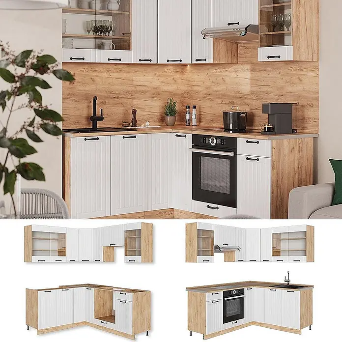 Vicco Eckküche Fame-Line, Weiß Landhaus/Goldkraft Eiche, 190 x 160 cm -  - L-förmige Küche mit weißen geriffelten Türen, heller Holzoptik, eingebautem Backofen und Spüle.