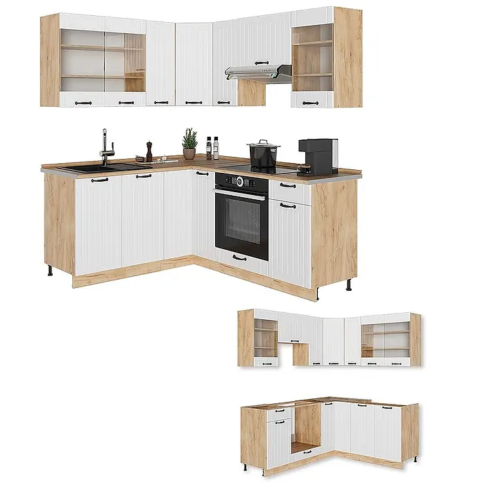 Vicco Eckküche Fame-Line, Weiß Landhaus/Goldkraft Eiche, 190 x 160 cm -  - Moderne Eckküche mit weißen geriffelten Fronten und hellem Holzdekor, inklusive Ober- und Unterschränken, Spüle, Kochfeld und Backofen.