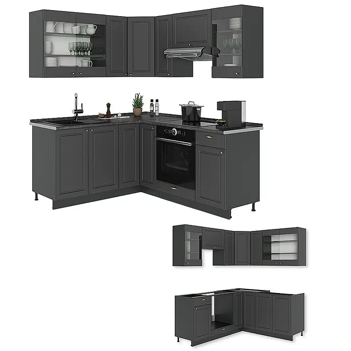 Vicco Eckküche Fame-Line, Anthrazit-Gold Landhaus/Anthrazit, 190 x 160 cm -  - Dunkelgraue L-förmige Küchenzeile mit Ober- und Unterschränken, integriertem Backofen, Spüle und Arbeitsplatte.