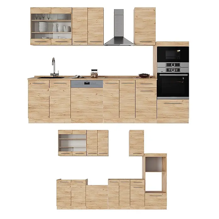 Küchenzeile Fame-Line 300 cm Goldkraft Eiche Art.-Nr. 56819 -  - Modulare Küche in heller Holzoptik mit Schränken, Einbaugeräten und Spüle.