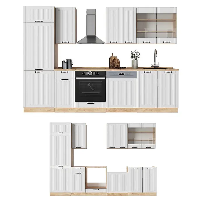 Vicco Küchenzeile Fame-Line Weiß Landhaus ohne Arbeitsplatte - Breite: 300 cm, Weiß Landhaus, Ohne Elektrogeräte - Weißes Küchenschrank-Set mit hellen Holzdetails, schwarzen Griffen und integrierten Geräten, mit gerillten und Glastüren.