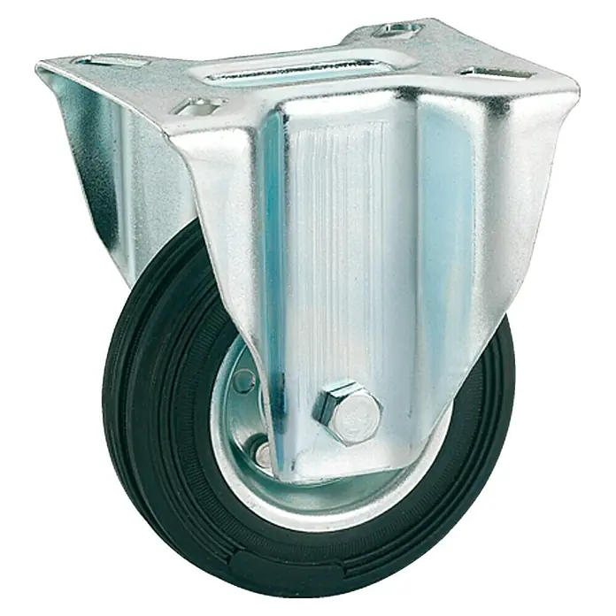 Stabilit Transportgeräte-Bockrolle - Durchmesser Rollen: 250 mm, Traglast: 275 kg, Rollenlager, Höhe: 290 mm - Rollenproduktbild: Eine hochwertige Lenkrolle mit einer robusten Metallhalterung und einem strapazierfähigen Gummirad für vielfältige Anwendungen.