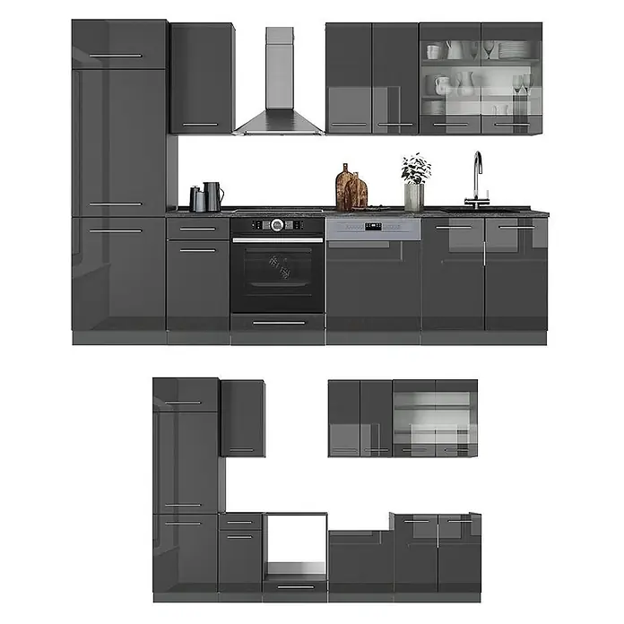 Vicco Küchenzeile Fame-Line, Anthrazit Hochglanz, 300 cm -  - Moderne modulare Küchenzeile in glänzendem Dunkelgrau mit integriertem Backofen, Geschirrspüler, Spüle und Dunstabzugshaube.