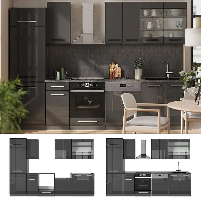 Vicco Küchenzeile Fame-Line, Anthrazit Hochglanz, 300 cm -  - Dunkelgraue glänzende Küchenzeile mit integriertem Backofen, Geschirrspüler und Spüle, in einer modernen Küche dargestellt.
