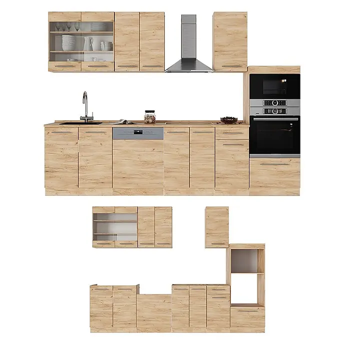 Küchenzeile Fame-Line 300 cm Goldkraft Eiche Art.-Nr. 56818 -  - Modulare Küchenmöbel in heller Holzoptik mit integrierten Geräten wie Backofen, Spülmaschine, Dunstabzugshaube.