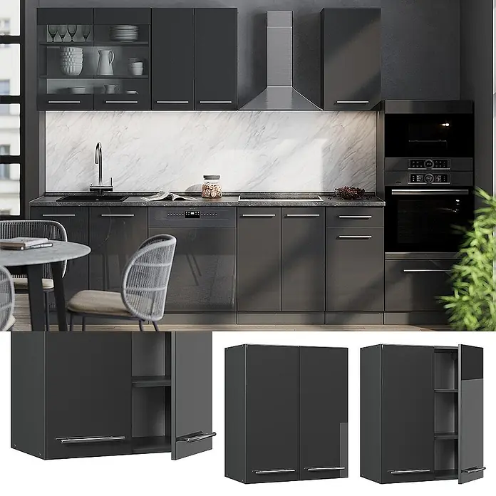 Vicco Hängeschrank Fame-Line, Anthrazit Hochglanz, 60 cm -  - Moderne dunkelgraue Hochglanz-Küchenzeile mit integrierten Geräten, Spüle und modularen Elementen.