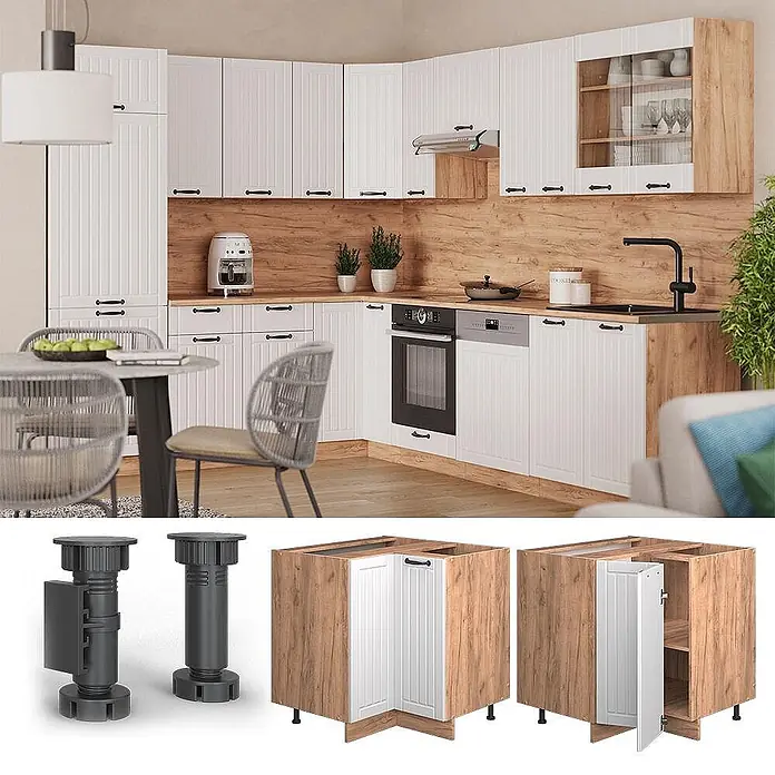 Vicco Eckunterschrank Fame-Line, Weiß Landhaus, 80.5 cm -  - Moderne Küche mit weißen geriffelten Schranktüren und Holzoptik-Oberflächen, inklusive Eckschränken und verstellbaren Füßen.