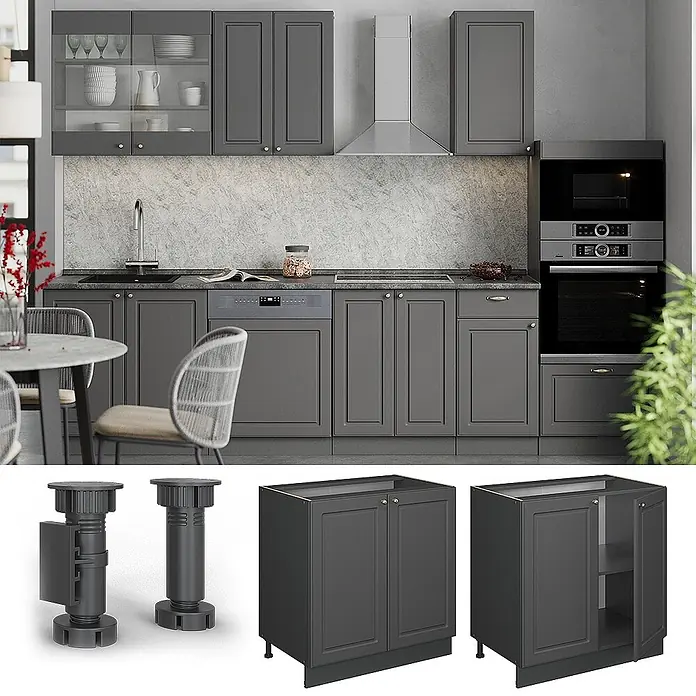 Vicco Küchenunterschrank Fame-Line, Anthrazit-Gold Landhaus/Anthrazit 80 cm -  - Moderne, dunkelgraue Modulküchenschränke mit verstellbaren Füßen, in einer Küche installiert und als einzelne Unterschränke dargestellt.