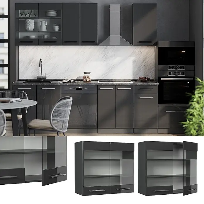 Vicco Schrankküche Fame-Line Anthrazit Hochglanz - Breite: 80 cm, Anthrazit Hochglanz, Hängeglasschrank 80 cm - Moderne, hochglänzende Küchenmöbel in Dunkelgrau mit Ober- und Unterschränken, darunter Glasvitrinen und integrierten Geräten.