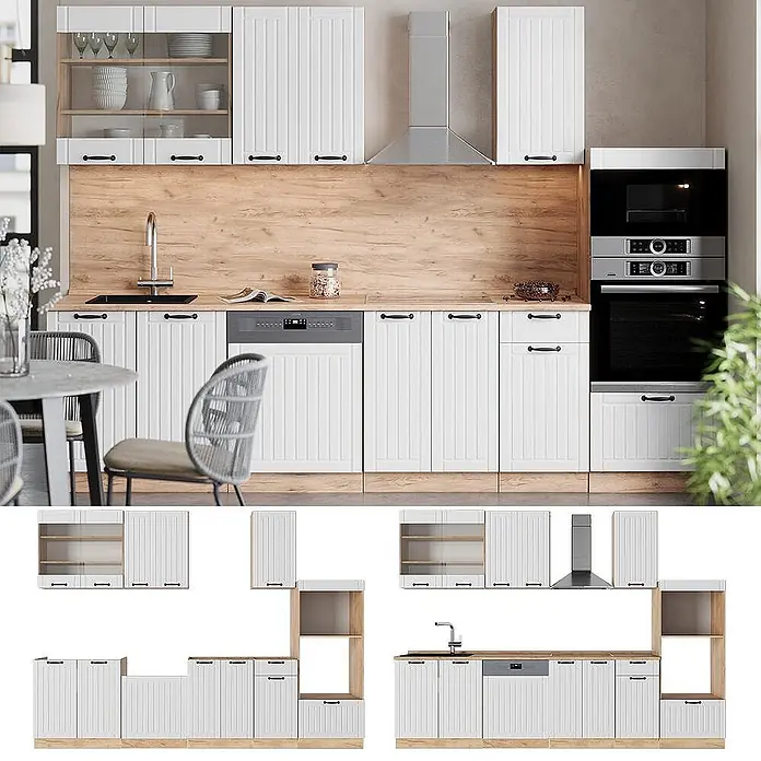 Vicco Küchenzeile Fame-Line Weiß Landhaus mit Hochschrank, AP Eiche - Breite: 300 cm, Weiß Landhaus, Ohne Elektrogeräte - Modulare Küche mit weißen Lamellenschränken, Holzdetails und integrierten Geräten in kompletter Küchenansicht.