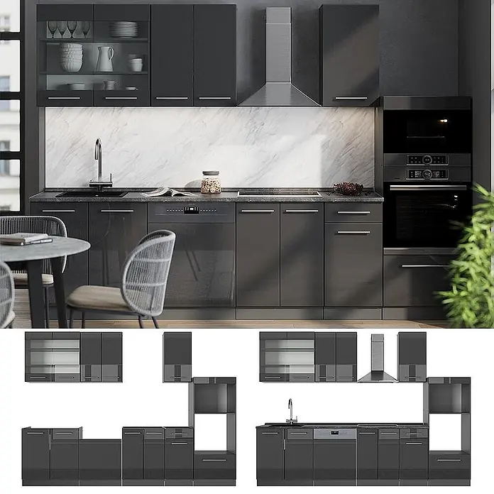 Vicco Küchenzeile Fame-Line Anthrazit Hochglanz mit Hochschrank, AP Marmor - Breite: 300 cm, Anthrazit Hochglanz, Ohne Elektrogeräte - Moderne dunkelgraue Hochglanzküche mit integrierten Geräten, präsentiert in verschiedenen modularen Konfigurationen.