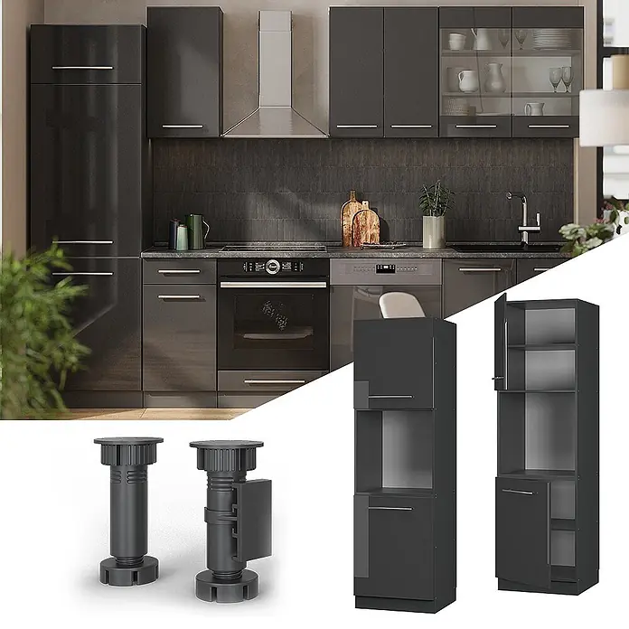 Vicco Herdumbauschrank Fame-Line, Anthrazit Hochglanz, 60 cm -  - Dunkelgraues, hochglänzendes, modulares Küchenschrank-Set mit Hochschrank und verstellbaren Füßen.