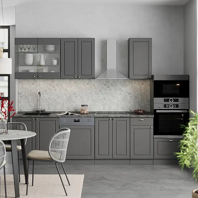 Vicco Küchenzeile Fame-Line Anthrazit-Gold Landhaus mit Hochschrank, AP Anthrazit - Breite: 300 cm, Anthrazit-Gold Landhaus, Ohne Elektrogeräte - Moderne graue Küchenschränke, integrierte Geräte und Arbeitsplatte in einer zeitgenössischen Küche mit Essbereich.