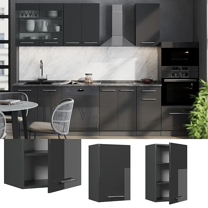 Vicco Hängeschrank Fame-Line, Anthrazit Hochglanz, 45 cm -  - Dunkelgraue glänzende Modulküchenmöbel, in eine moderne Küche integriert.