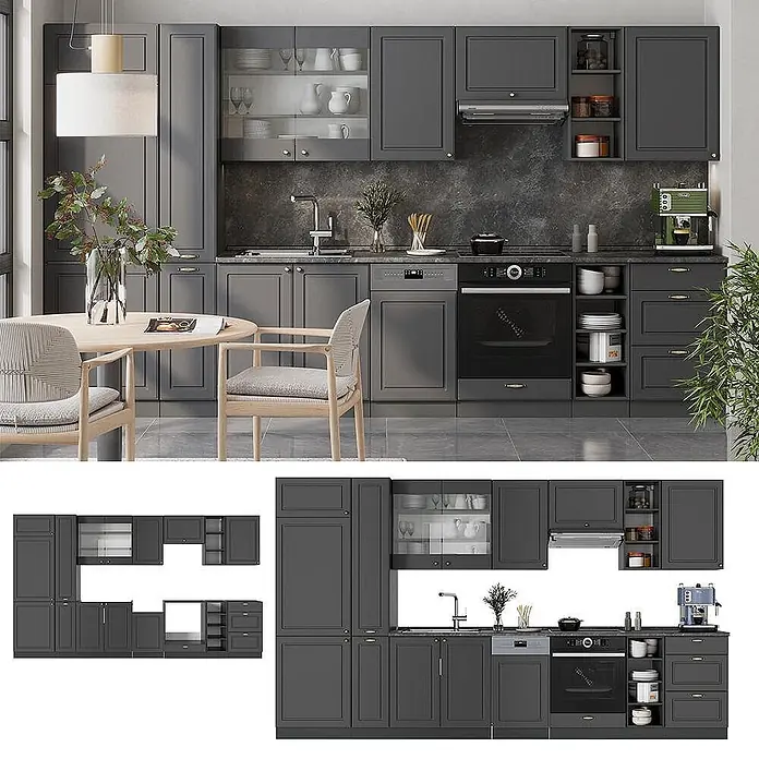 Vicco Küchenzeile Fame-Line Anthrazit-Gold Landhaus ohne Arbeitsplatte - Breite: 355 cm, Anthrazit-Gold Landhaus, Ohne Elektrogeräte - Dunkelgraues modulares Küchenschrank-Set mit Spüle, Backofen und Geschirrspüler, montiert und als Einzelteile dargestellt.