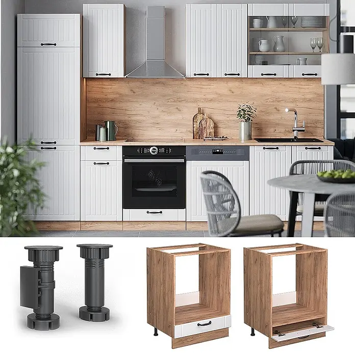 Vicco Herdumbauschrank Fame-Line, Weiß Landhaus, 60 cm -  - Moderne modulare Küche mit weißen geriffelten Schränken und Holzdetails, integrierte Geräte. Modulare Füße und Schranksockel sind abgebildet.