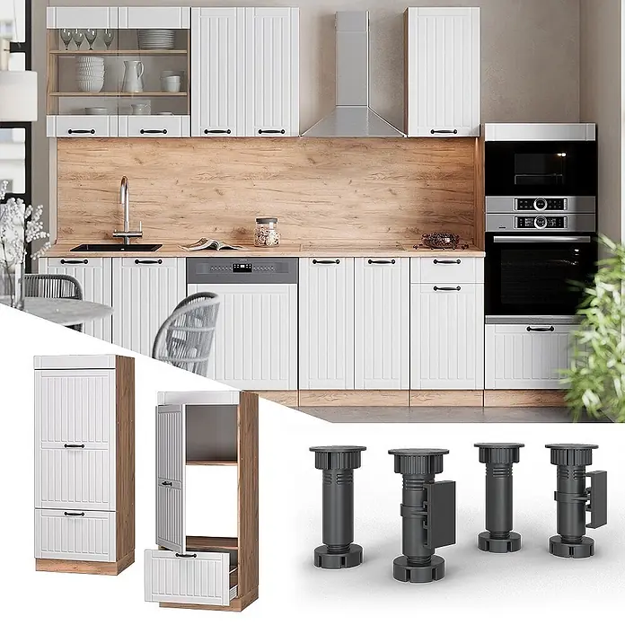 Vicco Vorratsschrank Fame-Line, Weiß Landhaus/Goldkraft Eiche 60 cm -  - Moderne Küche mit weißen Paneel-Schränken, schwarzen Griffen, Holzarbeitsplatte, Geschirrspüler und Backofen. Passender Hochschrank und verstellbare Füße.