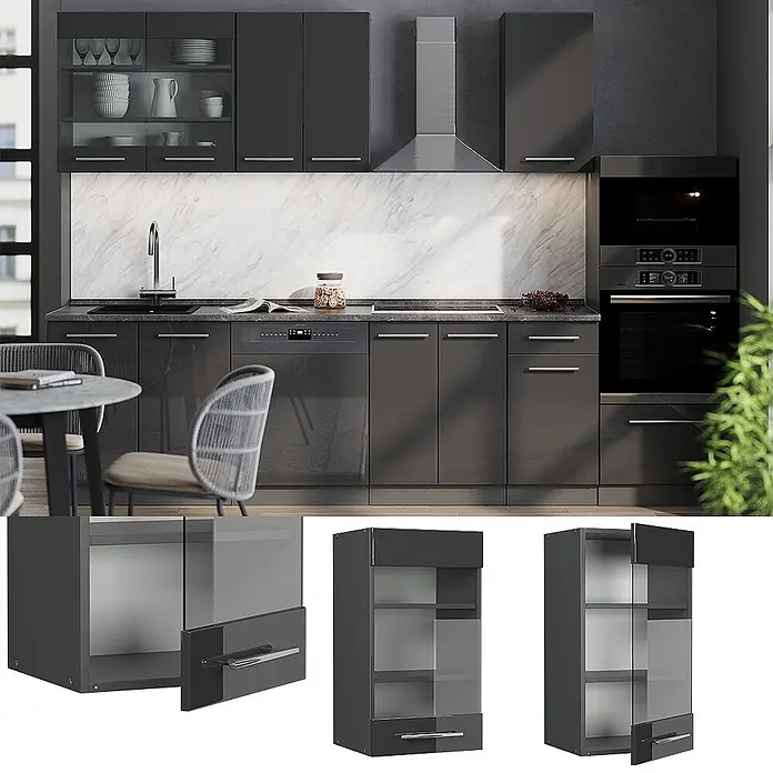 Vicco Schrankküche Fame-Line Anthrazit Hochglanz - Breite: 40 cm, Anthrazit Hochglanz, Hängeglasschrank 40 cm - Dunkelgraues modulares Küchenschrank-Set mit Glastüren und Hochglanz-Finish, in eine moderne Küche integriert.