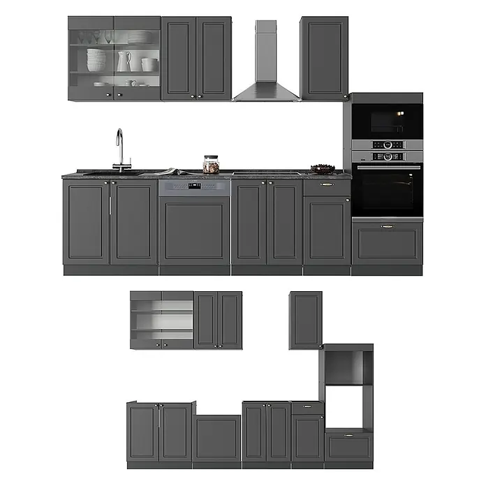 Vicco Küchenzeile Fame-Line Anthrazit-Gold Landhaus mit Hochschrank, AP Marmor - Breite: 300 cm, Anthrazit-Gold Landhaus, Ohne Elektrogeräte - Modulares dunkelgraues Küchenschrankset mit Ober- und Unterschränken, integrierter Spüle, Geschirrspüler, Backofen und Mikrowelle.