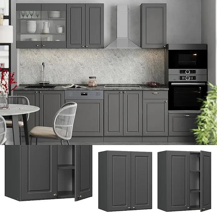 Vicco Hängeschrank Fame-Line, Anthrazit-Gold Landhaus, 60 cm -  - Dunkelgraue Küchenschränke im Shaker-Stil, in einer modernen Küche gezeigt.