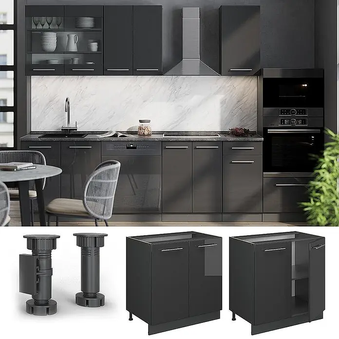 Vicco Schrankküche Fame-Line Anthrazit Hochglanz mit Regal, ohne Arbeitsplatte - Breite: 80 cm, Anthrazit Hochglanz, Unterschrank 80 cm - Moderne dunkelgraue Küchenschränke mit glänzender Oberfläche, integrierten Geräten und Detailansichten von Verstellfüßen und Unterschränken für eine zeitgemäße Einrichtung.