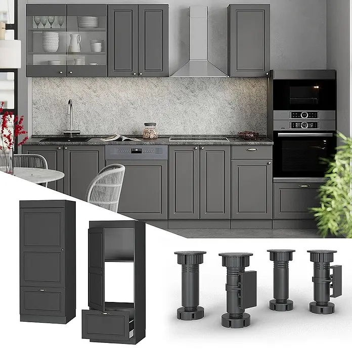 Vicco Vorratsschrank Fame-Line, Anthrazit-Gold Landhaus/Anthrazit 60 cm -  - Dunkelgraue Küchenschränke mit integrierten Geräten; separate verstellbare schwarze Möbelfüße und modulare Schrankelemente sind ebenfalls abgebildet.
