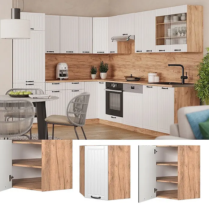 Vicco Eckhängeschrank Fame-Line, Weiß Landhaus, 57 cm -  - Weiße gerippte Küchenschränke mit Holzmaserungsakzenten, schwarzen Griffen, in einer Eckküche.