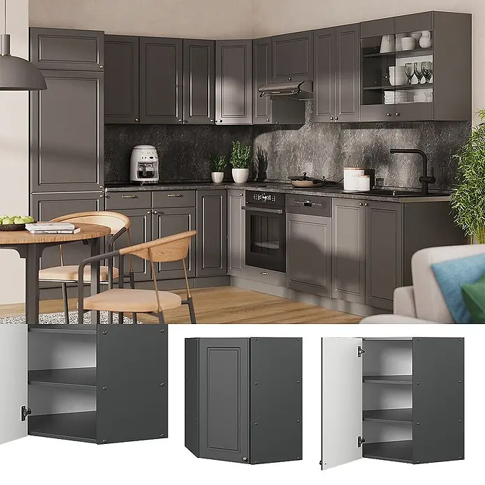 Vicco Eckhängeschrank Fame-Line, Anthrazit-Gold Landhaus, 57 cm -  - Moderne dunkelgraue modulare Küche mit verschiedenen Schränken und integrierten Geräten. Inklusive Detailansichten der Schrankinnenausstattung.