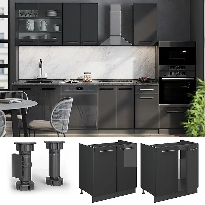 Vicco Spülenunterschrank Fame-Line, Anthrazit Hochglanz, 80 cm -  - Moderne dunkelgraue modulare Küchenschränke mit integrierten Geräten und weißer Marmorrückwand, mit Spüle, Geschirrspüler und Öfen.