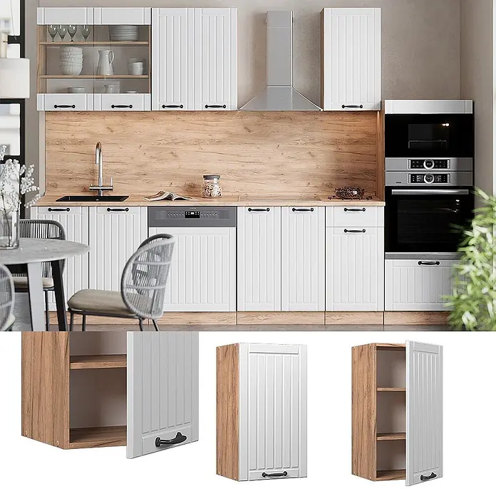 Vicco Hängeschrank Fame-Line, Weiß Landhaus, 40 cm -  - Weiße Lamellen-Küchenschränke mit Holzoptik-Interieur und schwarzen Griffen.
