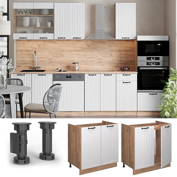Vicco Spülenunterschrank Fame-Line, Weiß Landhaus, 80 cm -  - Moderne Küche mit weißen gerillten Schranktüren, Holzakzenten und integrierten Geräten.
