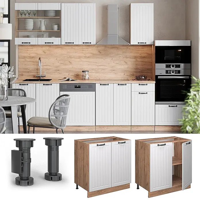 Vicco Küchenunterschrank Fame-Line, Weiß Landhaus, 80 cm -  - Weiße Lamellen-Küchenschränke mit Holzoptik-Details, in moderner Küche installiert. Enthält Unterschränke und verstellbare Füße.