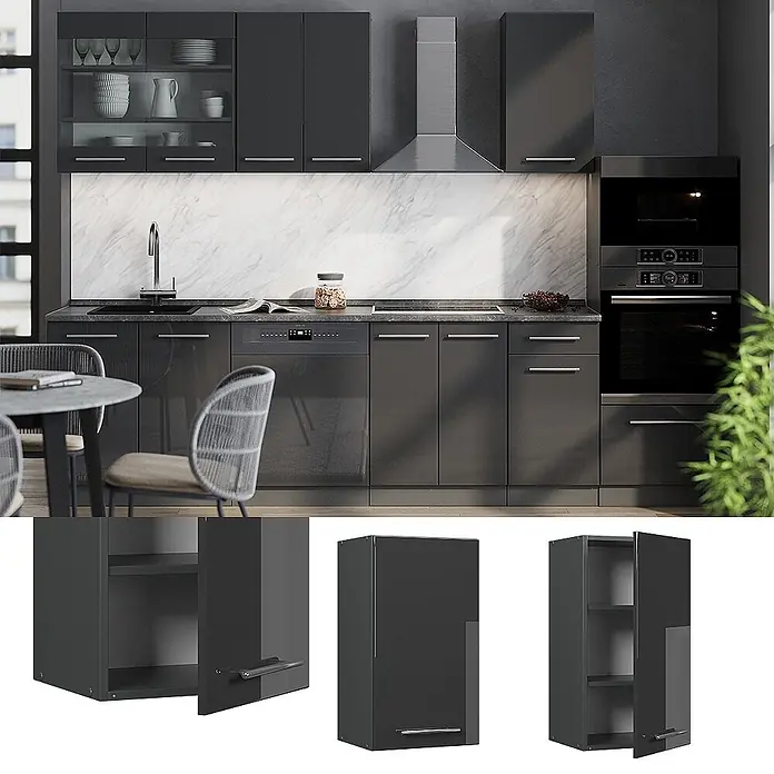 Vicco Hängeschrank Fame-Line, Anthrazit Hochglanz, 40 cm -  - Dunkelgraue Hochglanzküchenzeile mit modernen Unter- und Oberschränken und integrierten Geräten.