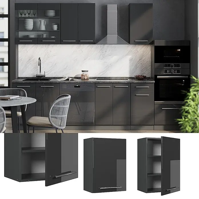 Vicco Hängeschrank Fame-Line, Anthrazit Hochglanz, 50 cm -  - Moderne hochglänzende anthrazitfarbene Küchenzeile mit integrierten Geräten und weißer Marmor-Rückwand für moderne Wohnräume.