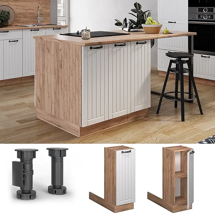 Vicco Kücheninsel Fame-Line, Weiß Landhaus, 30 cm -  - Verstellbare dunkelgraue Schrankfüße zur Sockelbefestigung. Dargestellt an einer modernen Kücheninsel mit Holz-Optik und weißen Schrankfronten.