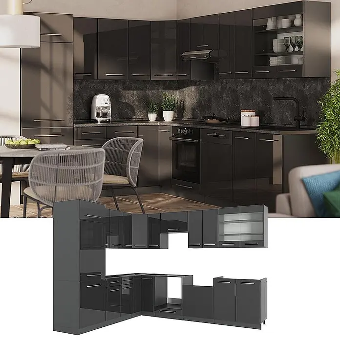 Vicco Eckküche Fame-Line Anthrazit Hochglanz ohne Arbeitsplatte - B x T: 287 x 51,6 cm, Anthrazit Hochglanz, Ohne Elektrogeräte - Modernes dunkelgraues Hochglanz-Küchenschrank-Set für eine Eckküche, in Szene gesetzt und als modulare Einheiten dargestellt.