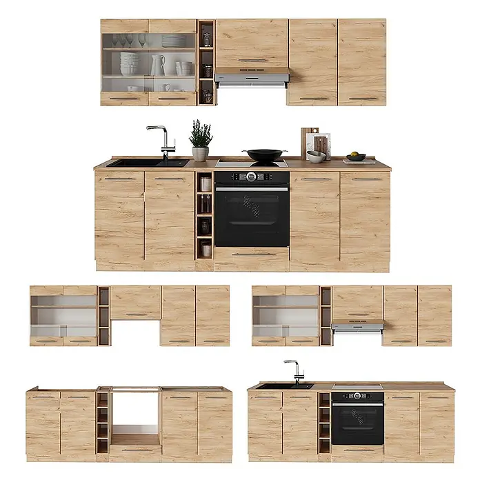 Küchenzeile Fame-Line 235 cm Goldkraft Eiche Art.-Nr. 57548 -  - Modulare Küchenzeile in heller Eichenoptik mit Ober- und Unterschränken, Spüle und Backofen.